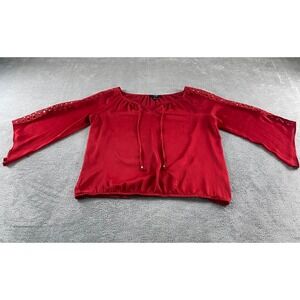 AGB‎ Womens Red Peasant Blouse Crochet Lace Sleeve Split Neck Tie Top Large
